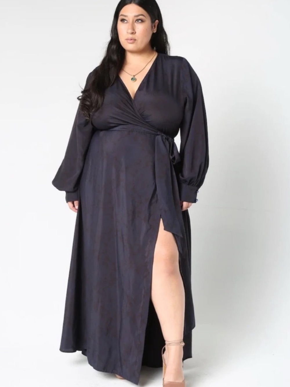 Baacal + Maxey Long Sleeve Wrap Maxi Dress 22/24 Blue Black Formal Wedding Guest